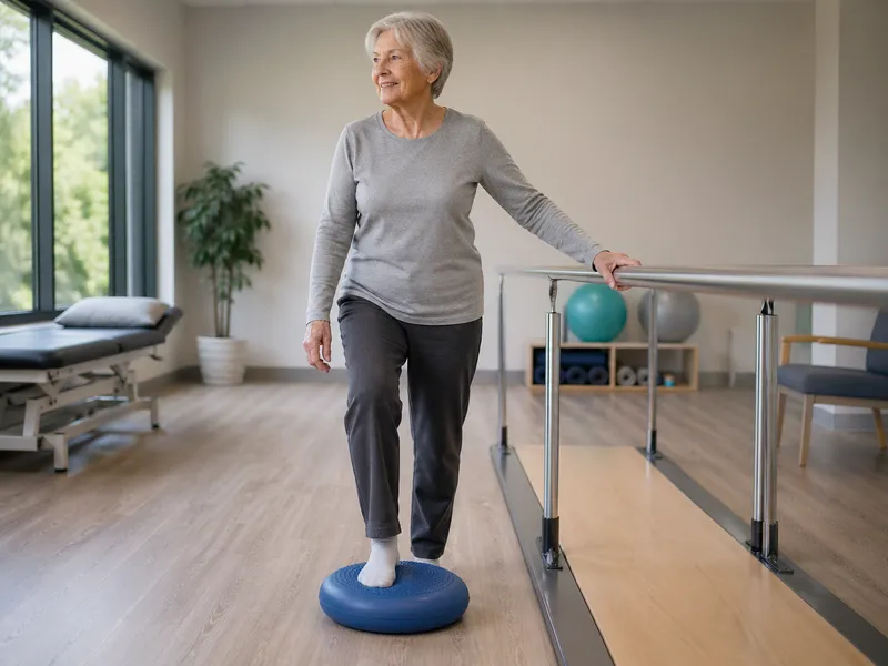 Elderly woman practising balance on a wobble cushion with support rail