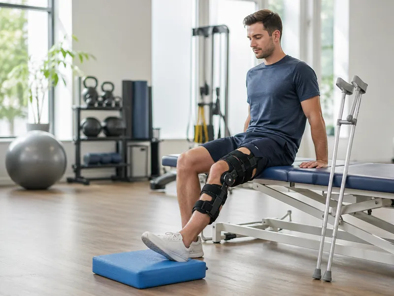 Man with knee brace sitting on treatment bench during post-operative rehabilitation