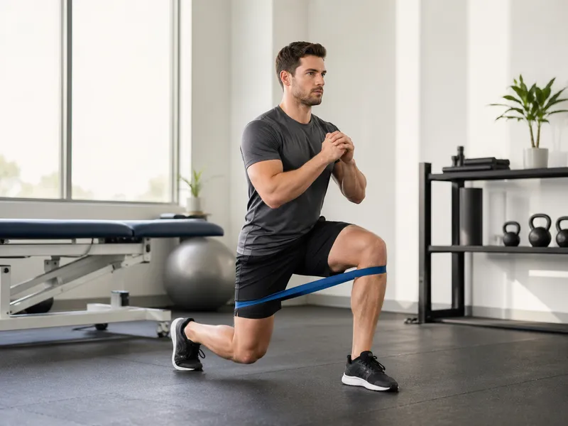 Man performing a lunge exercise with resistance band during sports rehabilitation